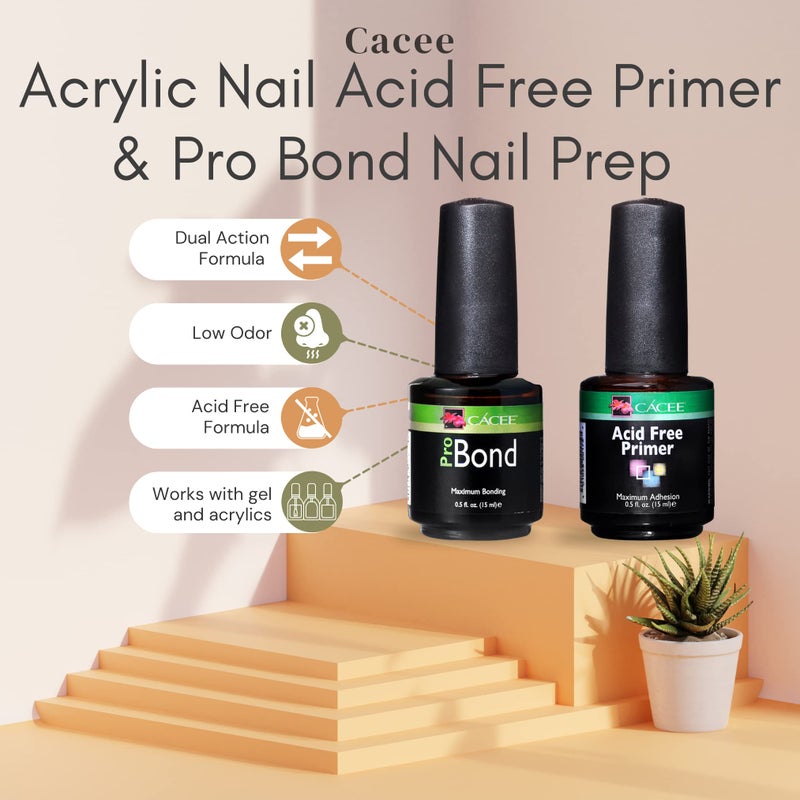 Cacee Acrylic Nail Acid Free Primer & Pro Bond Nail Prep 0.5 oz, for Gel Polish, Low Odor, UV/LED, Acrylic Nails Compatible (Acid Free + Probond) - Image 2